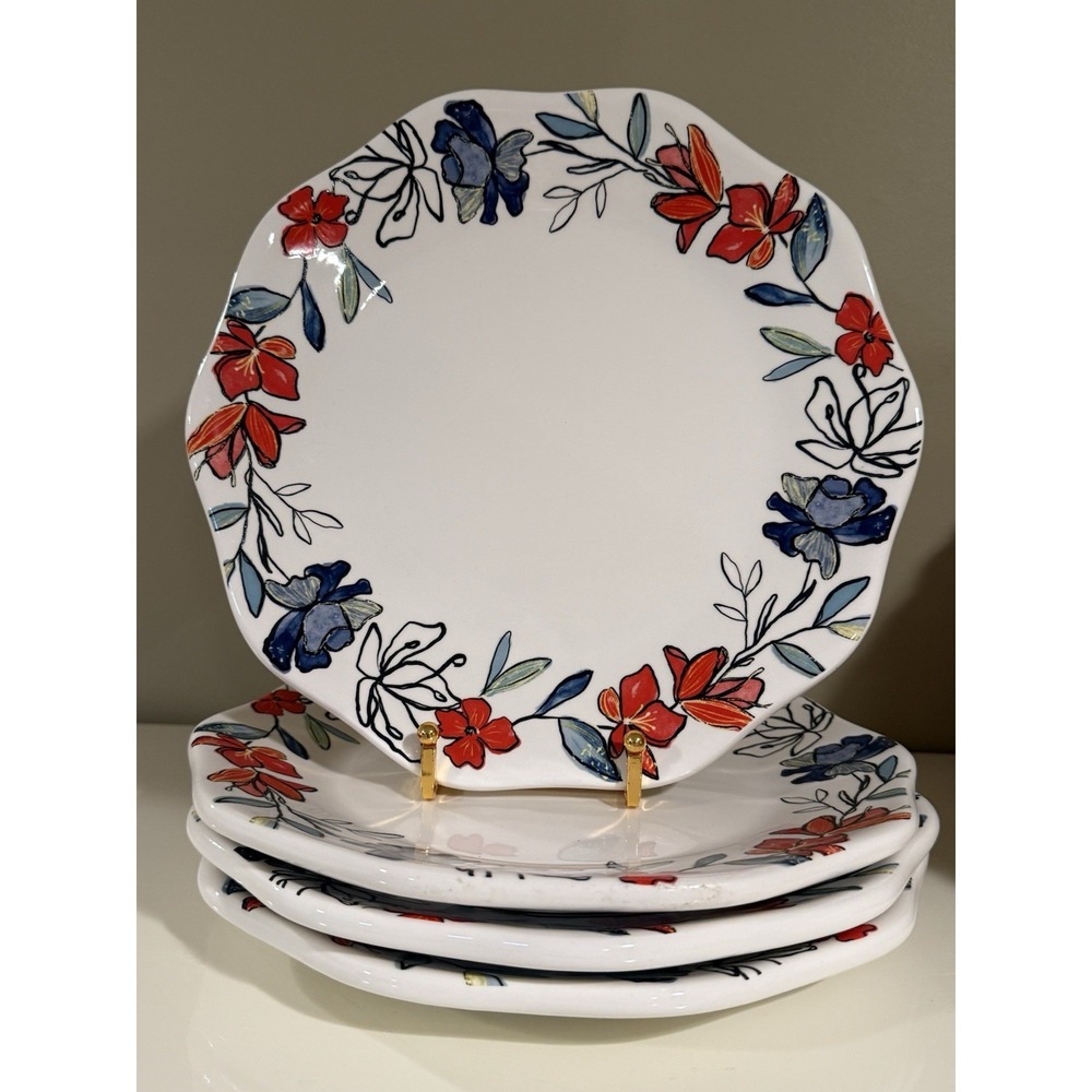 Potters Studio Blue & Red Floral  Scalloped Dinner Plates – Set of 4